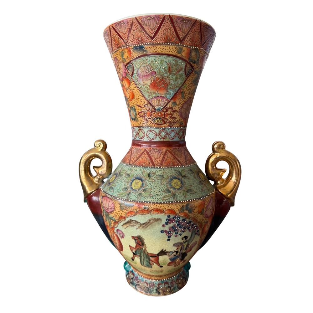 Vintage‎ Satsuma Moriage Vase Large 18 Inch Gold Handles Japanese Ceramic Floral